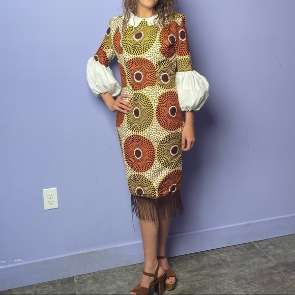 Vintage Dresses & Skirts - Vintage 70’s Homemade Puff Sleeve Collared Dress in Brown‎ Orange Yellow Size S